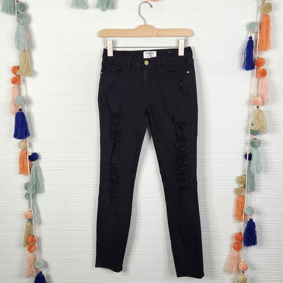 Frame Le Color Ripped Jeans In Film Noir - Picture 2 of 7